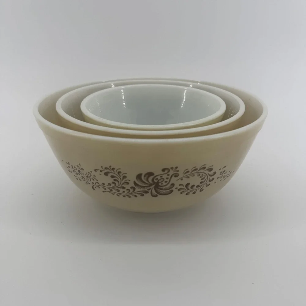 Vintage Pyrex Homestead Milk Glass 3 Piece Mixing Bowl Set in Box Brown Floral